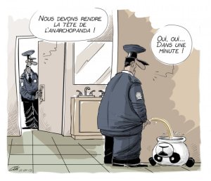 "We need to give Anarchopanda's head back! Yeah, yeah... In a minute!" editorial cartoon by André-Philippe Côté, 10 april 2013.